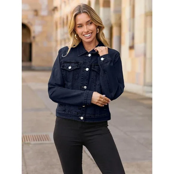 Women's Jean Jacket Long Sleeve Denim Jacket Button Down with Pockets Navy Blue